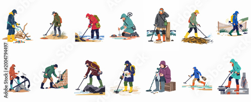 Bild auf Leinwand Collection of diverse people using metal detectors for beachcombing and treasure hunting in various outdoor environments, from sandy shores to rocky coasts