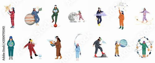 Tableau sur toile Diverse characters in pajamas exploring space and interacting with planets, stars, and celestial bodies in a dreamlike, imaginative flat vector illustration style
