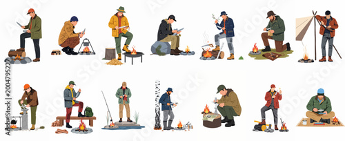 Εκτύπωση καμβά Set of flat illustrations showing men practicing bushcraft skills, sharpening knives, building campfires, and carving wood in a wilderness survival setting