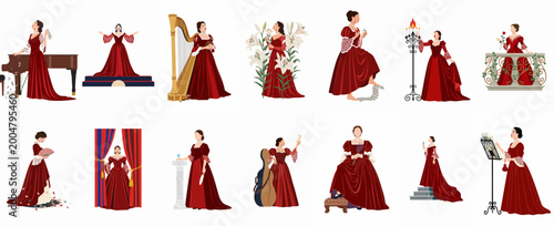 Cuadro en lienzo Set of elegant Victorian opera singers and musicians in red gowns performing in various theatrical and musical scenes