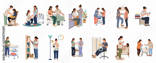 Diverse collection of flat illustrations showing healthcare professionals assisting new mothers with breastfeeding, postpartum care, and infant health in hospital environments.