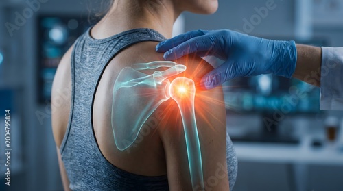 Cinematic female athlete with digital musculoskeletal shoulder visualization highlighting inflammation for orthopedic treatment optimization in a clinic.