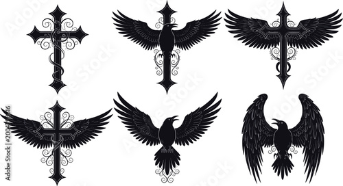 Bilde på lerret Ornate Gothic Cross with Angel Wings Icon Set for Tattoo Dark Art Gothic Style R