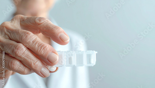 Daily Medication: A close-up view features an elderly person holding a weekly pill organizer, each compartment representing a day and time to take medication, reflecting health care.