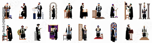 Bild auf Leinwand A large collection of flat vector illustrations depicting Jewish rabbis and men performing various religious rituals, prayers, and customs in a synagogue or community