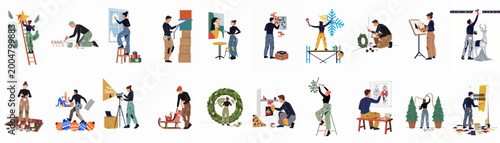 Photos Set of diverse artistic people decorating and painting for the Christmas season, featuring wreaths, trees, and festive characters in flat vector style