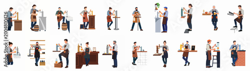 Foto Large collection of diverse bartenders in aprons pouring draught beer from various taps and dispensers in modern bar and pub settings