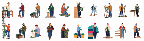 Foto Set of flat vector illustrations depicting people crafting and arranging various Christmas decorations with holly, evergreen garlands, and wreaths
