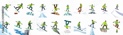 Foto Collection of flat style snowboarder illustrations doing jumps, flips, and navigating through mountains, trees, and obstacles on snowy backgrounds