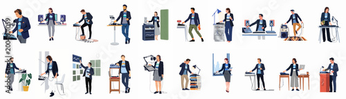 Foto Collection of diverse sound engineers and music producers operating audio mixers, microphones, and DJ gear in a flat minimalist vector style