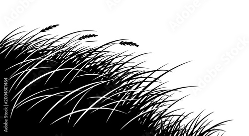 Black and white illustration of grass swaying in the wind on a bright day