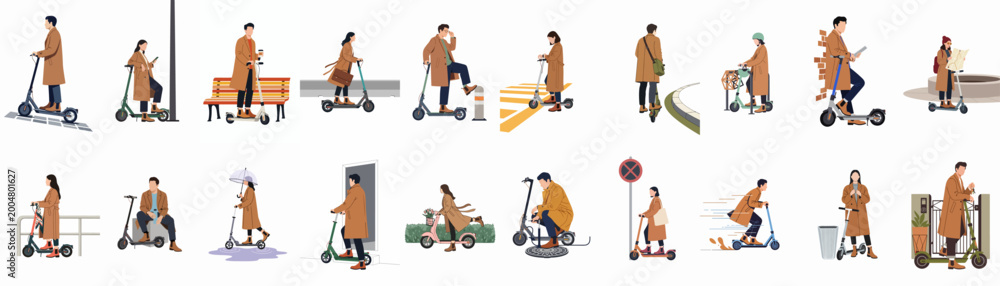 Fototapeta premium Set of illustrations featuring diverse men and women in stylish coats using electric scooters for commuting and daily activities in urban environments.