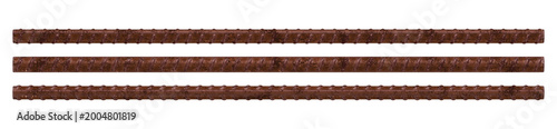 Isolated Set of Three Rusty Brown Steel Rebar Rods. 3D Rendering.