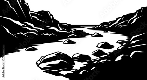 Black and white river landscape illustration flowing water and rocky shores