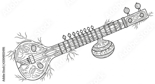 Foto Indian Sitar Musical Instrument Line Art Drawing.