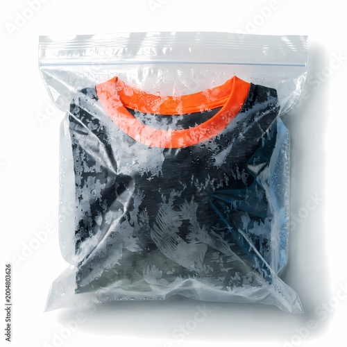 folded distressed graphic t-shirt in clear plastic packaging with orange trim