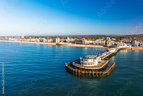 Worthing Pier and seaside from a drone, Worthing, West Sussex, England