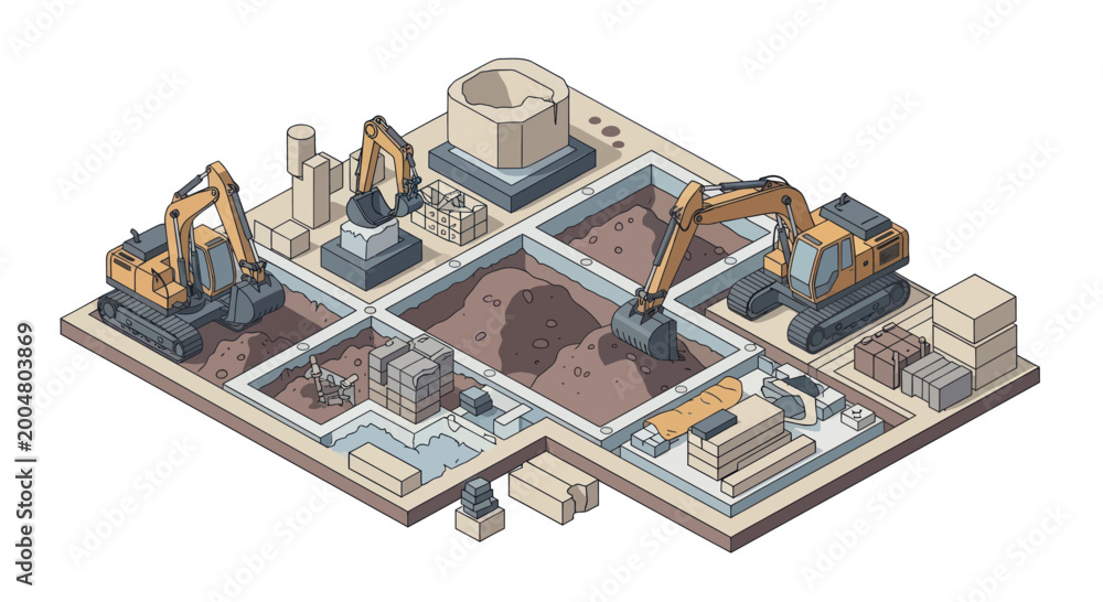 Obraz premium Construction Site Excavation with Heavy Machinery and Foundation Work.