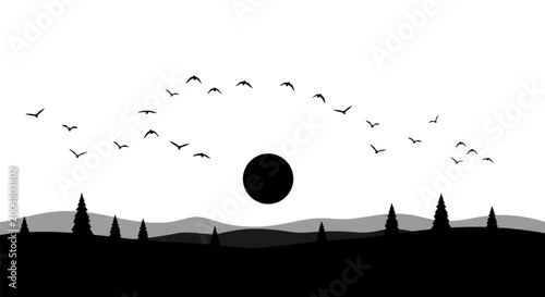 Minimalist vector illustration featuring a flock of birds flying across a bright white sky over dark silhouettes of pine trees and a large black sun