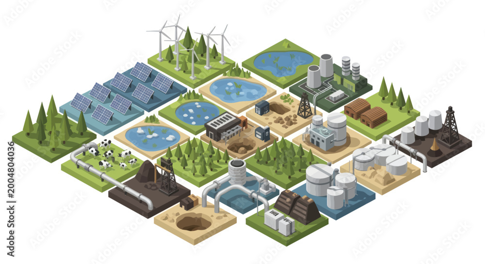 Fototapeta premium Diverse Energy Sources and Industrial Facilities Isometric View.