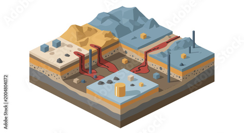 Fotografie Geological Cross Section Illustrating Earths Layers and Processes