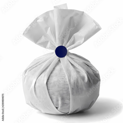 Folded T-shirt wrapped in white tissue paper with blue sticker