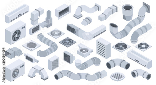 HVAC System Components Isometric Collection.