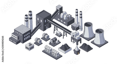 Industrial Coal Power Plant Equipment and Infrastructure Isometric Illustration.
