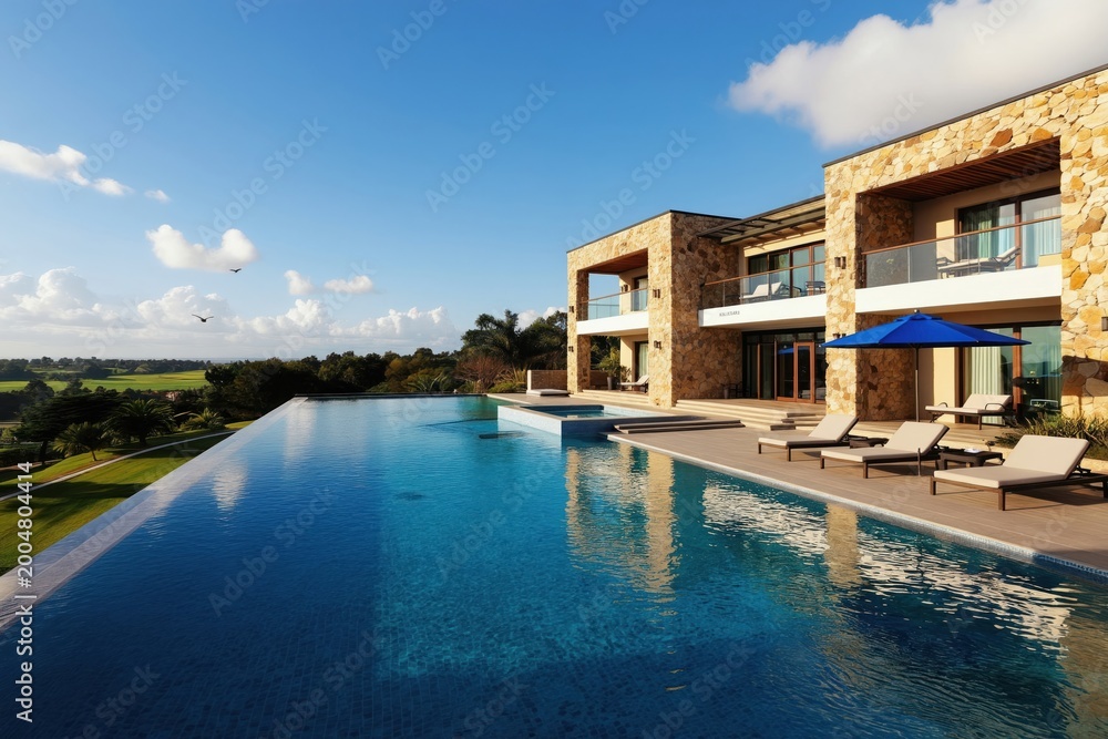 Fototapeta premium Modern mansion with infinity pool and lounge chairs. Luxury villa with stone exterior overlooks green landscape and blue sky. Ideal vacation home for relaxation and leisure.