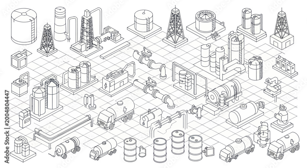 Obraz premium Industrial Facility Isometric Line Art Elements Collection.