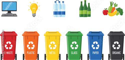 Obraz na plátně Recycling Bin Icon Set for Waste Sorting Including Plastic Glass Paper Metal Org