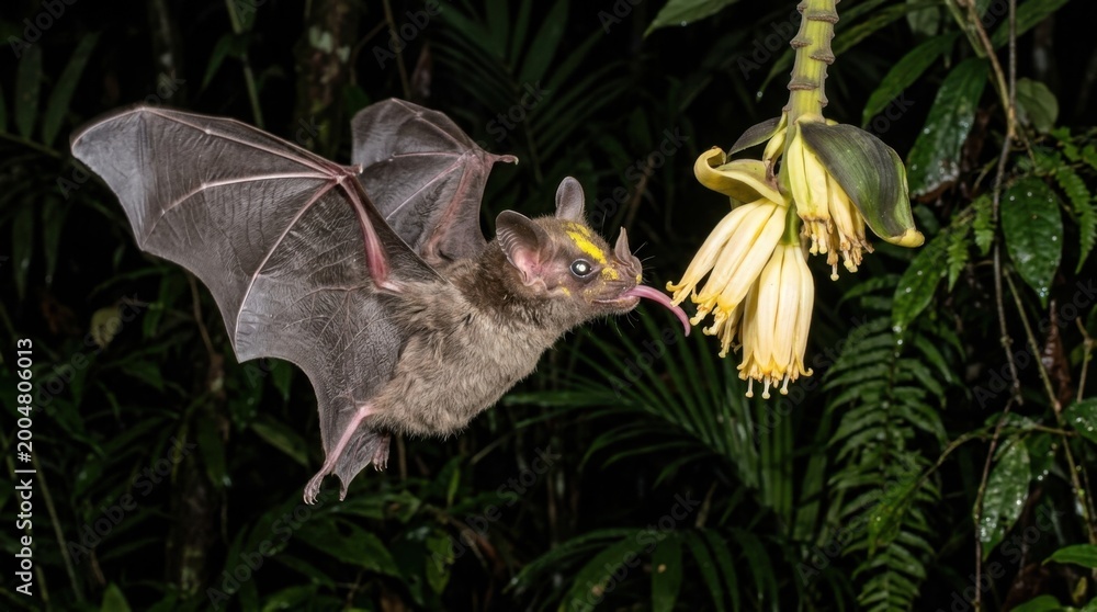 Obraz premium Bat hovering near a banana flower, feeding on nectar at night.