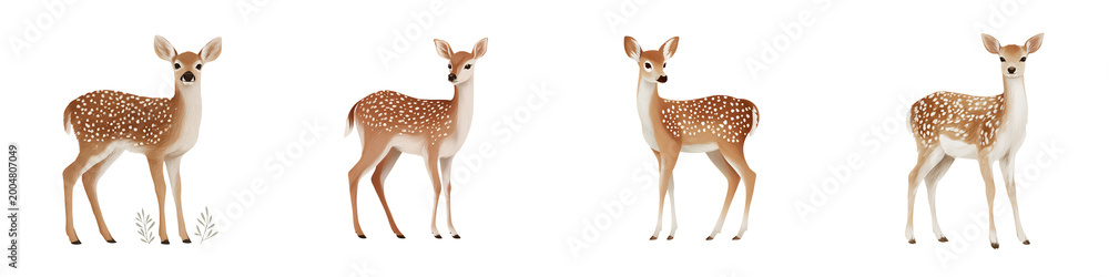 Fototapeta premium Fallow Deer Illustration Set - Spotted Deer Isolated on White