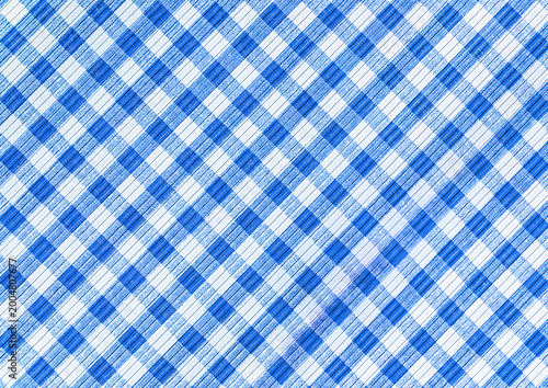 Blue white abstract checkered fabric texture picnic gingham tablecloth background pattern