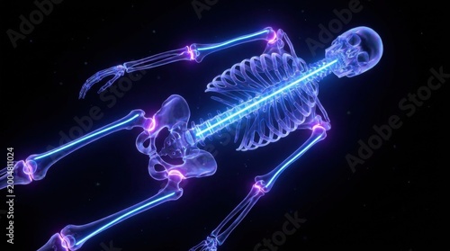 Floating Skeleton in Dark Space with Neon Blue Accents and Effects