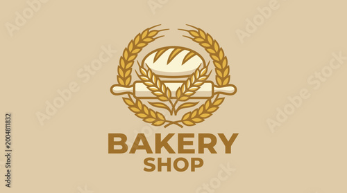 Bakery Shop Logo with Wheat and Rolling Pin.