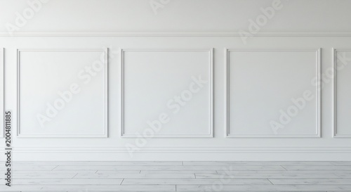 Soft bright light highlights elegant white wall panels creating a clean minimalist interior background design template. AI Generated