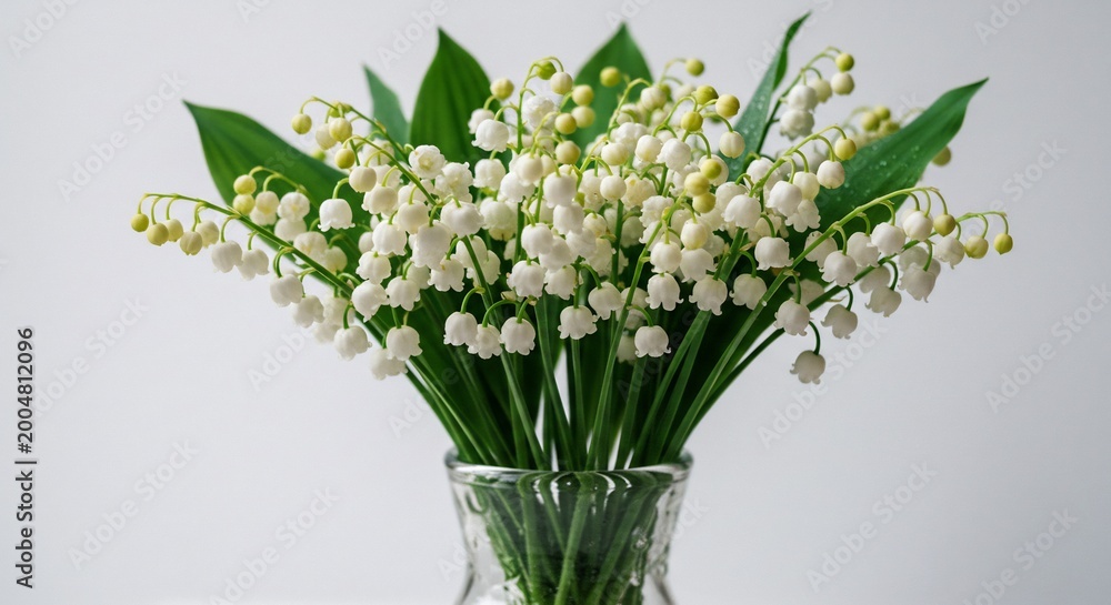 Obraz premium Fresh delicate lily of the valley flowers arranged gracefully in a clear vase with soft light a beautiful minimalist aesthetic. AI Generated