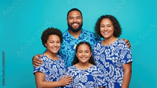 Pacific Islander Family Portrait with Parents and Two Daughters in Matching Floral Shirts