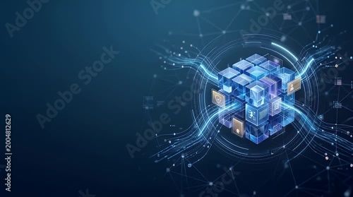 Holographic Data Cube with Digital Icons Glowing on Blue Background