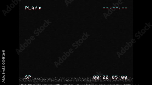 VHS tape playing with white PLAY text and tracking errors. VCR videocassette recorder animation featuring glitches, artifacts and static TV noise. Retro vintage background or overlay. 3x4.