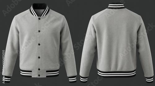 Light grey heather varsity jacket front and back views. Features black and white striped collar cuffs and waistband. Snap button closure, two front pockets, raglan sleeves.