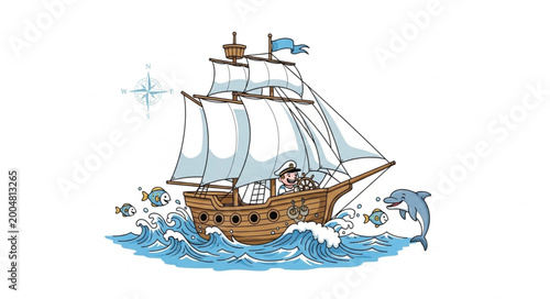 Fotografi Vintage Sailing Ship Navigating Through Wavy Ocean Waters.