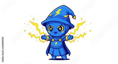 Foto Blue cartoon wizard with lightning bolts.