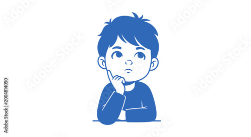 Photography Boy thinking with hand on chin.