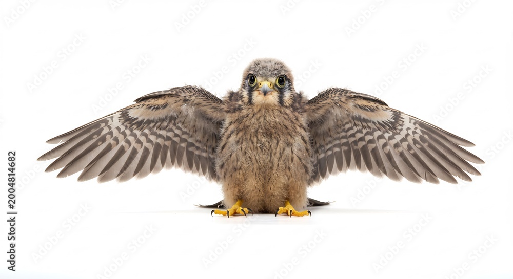 Fototapeta premium Cute baby bird of prey displaying its tiny wings in a powerful pose on a crisp white studio backdrop with bright light. AI Generated
