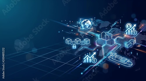 Digital Holographic Icons Representing Global Supply Chain Technology