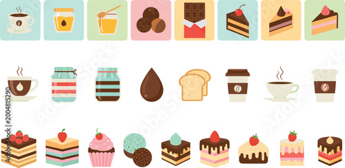 Sweet Treats and Coffee Icons Set Featuring Cupcakes, Cakes, Chocolate, Coffee Cups, and Jars, Ideal for Dessert and Beverage Illustrations