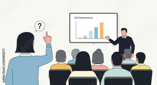 Φωτογραφία Business meeting presentation, woman asking question, performance chart on scree