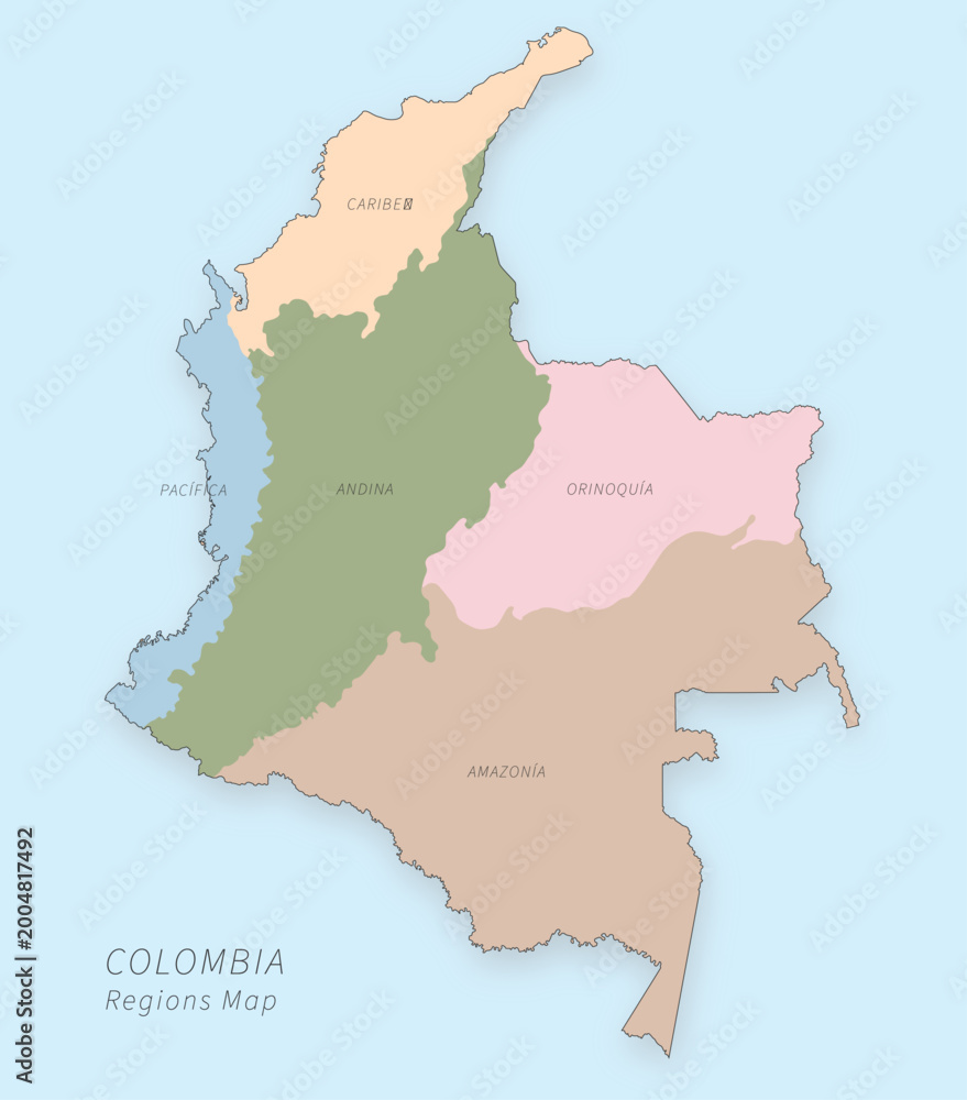 Fototapeta premium Colombia Regions Map Minimal Caribbean Andean Amazon Pacific Vector